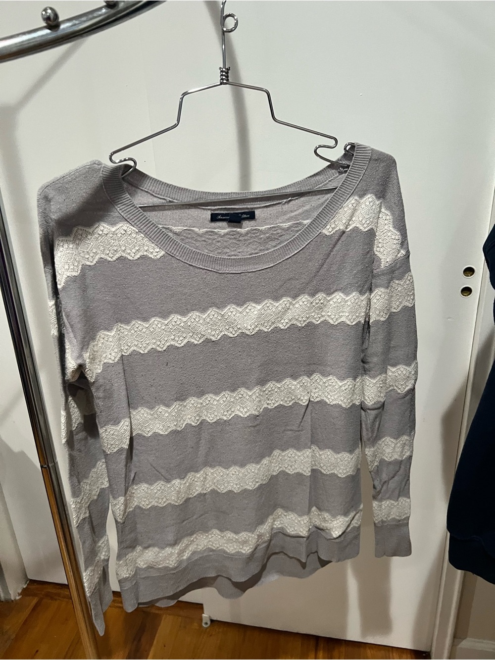 American Eagle Outfitters Gray and White Lace-Trim Long Sleeve Top